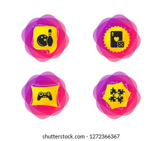 Bowling and Casino icons. Video game joystick and playing card with puzzles pieces symbols. Entertainment signs. Geometric gradient sales shapes. Creative banners. Template for design. Vector