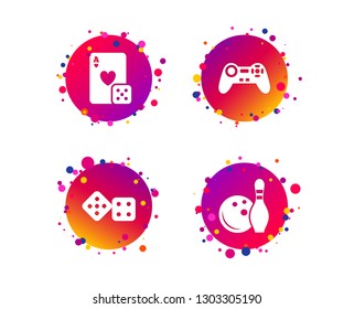 Bowling and Casino icons. Video game joystick and playing card with dice symbols. Entertainment signs. Gradient circle buttons with icons. Random dots design. Vector