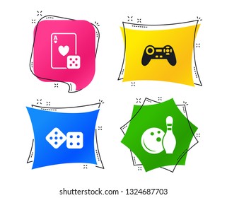 Bowling and Casino icons. Video game joystick and playing card with dice symbols. Entertainment signs. Geometric colorful tags. Banners with flat icons. Trendy design. Vector