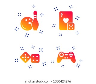 Bowling and Casino icons. Video game joystick and playing card with dice symbols. Entertainment signs. Random dynamic shapes. Gradient casino icon. Vector