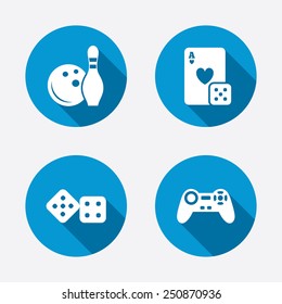 Bowling and Casino icons. Video game joystick and playing card with dice symbols. Entertainment signs. Circle concept web buttons. Vector