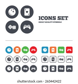 Bowling and Casino icons. Video game joystick and playing card with dice symbols. Entertainment signs. Web buttons set. Circles and squares templates. Vector
