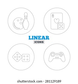 Bowling and Casino icons. Video game joystick and playing card with dice symbols. Entertainment signs. Linear outline web icons. Vector
