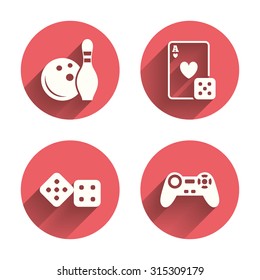 Bowling and Casino icons. Video game joystick and playing card with dice symbols. Entertainment signs. Pink circles flat buttons with shadow. Vector