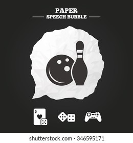 Bowling and Casino icons. Video game joystick and playing card with dice symbols. Entertainment signs. Paper speech bubble with icon.