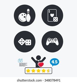 Bowling and Casino icons. Video game joystick and playing card with dice symbols. Entertainment signs. Star vote ranking. Client like and think bubble. Quotes with message.