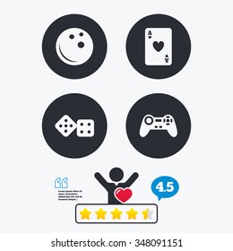 Bowling and Casino icons. Video game joystick and playing card with dice symbols. Entertainment signs. Star vote ranking. Client like and think bubble. Quotes with message.