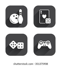 Bowling and Casino icons. Video game joystick and playing card with dice symbols. Entertainment signs. Square flat buttons with long shadow.