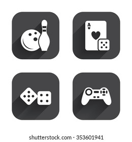 Bowling and Casino icons. Video game joystick and playing card with dice symbols. Entertainment signs. Square flat buttons with long shadow.
