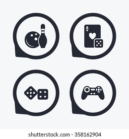 Bowling and Casino icons. Video game joystick and playing card with dice symbols. Entertainment signs. Flat icon pointers.