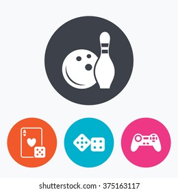 Bowling and Casino icons. Video game joystick and playing card with dice symbols. Entertainment signs. Circle flat buttons with icon.