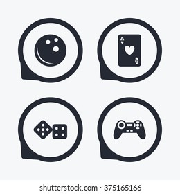 Bowling and Casino icons. Video game joystick and playing card with dice symbols. Entertainment signs. Flat icon pointers.