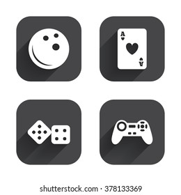 Bowling and Casino icons. Video game joystick and playing card with dice symbols. Entertainment signs. Square flat buttons with long shadow.