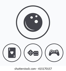 Bowling and Casino icons. Video game joystick and playing card with dice symbols. Entertainment signs. Icons in circles.