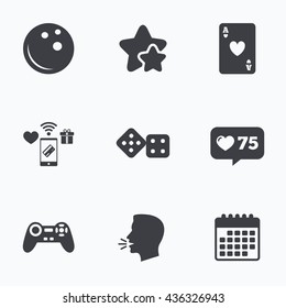 Bowling and Casino icons. Video game joystick and playing card with dice symbols. Entertainment signs. Flat talking head, calendar icons. Stars, like counter icons. Vector