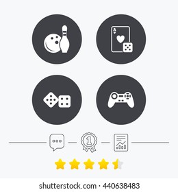 Bowling and Casino icons. Video game joystick and playing card with dice symbols. Entertainment signs. Chat, award medal and report linear icons. Star vote ranking. Vector
