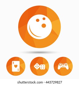 Bowling and Casino icons. Video game joystick and playing card with dice symbols. Entertainment signs. Triangular low poly buttons with shadow. Vector
