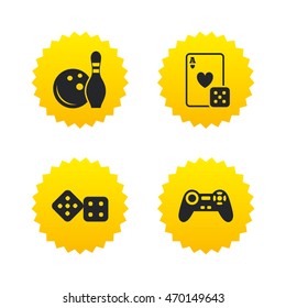 Bowling and Casino icons. Video game joystick and playing card with dice symbols. Entertainment signs. Yellow stars labels with flat icons. Vector