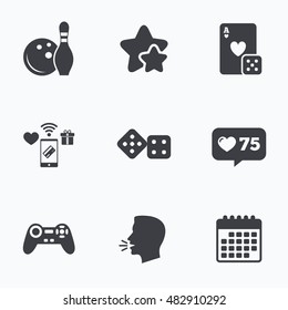 Bowling and Casino icons. Video game joystick and playing card with dice symbols. Entertainment signs. Flat talking head, calendar icons. Stars, like counter icons. Vector