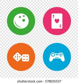 Bowling and Casino icons. Video game joystick and playing card with dice symbols. Entertainment signs. Round buttons on transparent background. Vector