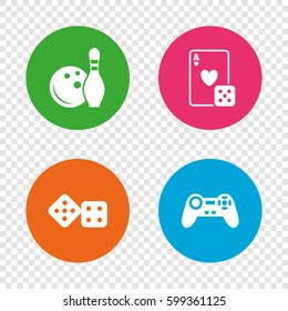 Bowling and Casino icons. Video game joystick and playing card with dice symbols. Entertainment signs. Round buttons on transparent background. Vector