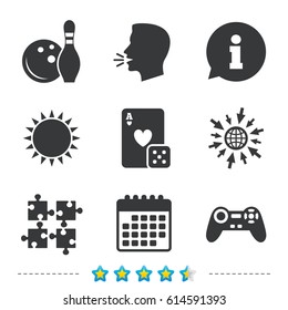 Bowling and Casino icons. Video game joystick and playing card with puzzles pieces symbols. Entertainment signs. Information, go to web and calendar icons. Sun and loud speak symbol. Vector