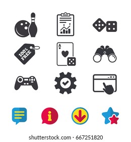 Bowling and Casino icons. Video game joystick and playing card with dice symbols. Entertainment signs. Browser window, Report and Service signs. Binoculars, Information and Download icons. Vector
