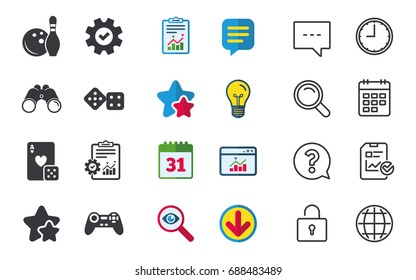 Bowling and Casino icons. Video game joystick and playing card with dice symbols. Entertainment signs. Chat, Report and Calendar signs. Stars, Statistics and Download icons. Question, Clock and Globe