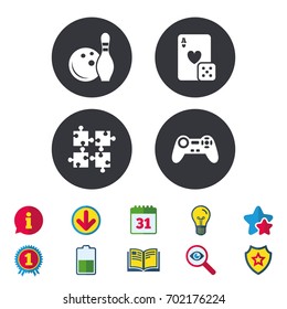 Bowling and Casino icons. Video game joystick and playing card with puzzles pieces symbols. Entertainment signs. Calendar, Information and Download signs. Stars, Award and Book icons. Vector