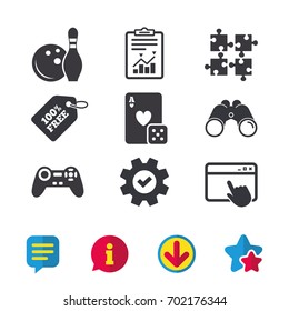 Bowling and Casino icons. Video game joystick and playing card with puzzles pieces symbols. Entertainment signs. Browser window, Report and Service signs. Binoculars, Information and Download icons