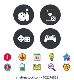 Bowling and Casino icons. Video game joystick and playing card with dice symbols. Entertainment signs. Calendar, Information and Download signs. Stars, Award and Book icons. Vector