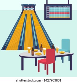 Bowling Center And Club Interior With Game Equipment. Vector Bowling Alley For Game And Party. Results Monitor And Table With Chairs And Food And Drinks.