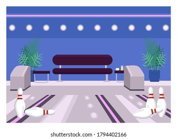 Bowling center flat color vector illustration. Lane for playing. Weekend entertainment arena. Lounge to strike pins. Fun sport activity. Game club 2D cartoon interior with chair on background