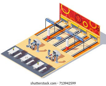 Bowling center isometric interior with game equipment including balls in return system, tables for visitors vector illustration