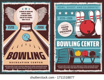 Bowling center, vector vintage retro posters, entertainment games and leisure sport. Bowling ball and pin on lane in strike, premium quality entertainment club