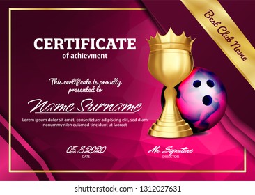 Bowling Certificate Diploma Golden Cup Vector Stock Vector (Royalty ...