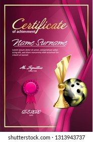 Bowling Certificate Diploma With Golden Cup Vector. Sport Vintage Appreciation. Modern Gift. Print Blank. A4 Vertical. Event Illustration