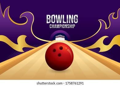 Bowling championship with with bowling ball and skittles background. Sport concept