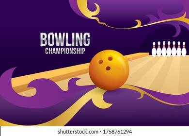 Bowling championship with with bowling ball and skittles background. Sport concept