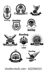 Bowling championship contest and game tournament cup awards design. Vector template icons set of bowling ball and skittle pins, winner trophy laurel wreath ribbon with stars and champion prize goblet