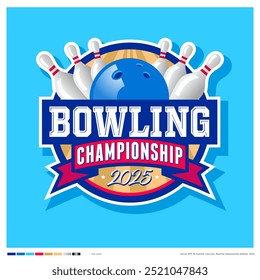 Bowling Championship emblem. Bowling logo. Ball and skittles in the circle with ribbon. 