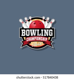 Bowling championship emblem. Bowling logo. Skittles and ball in a circle with ribbons.