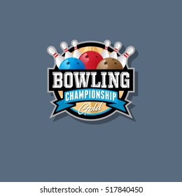 Bowling championship emblem. Bowling logo. Skittles and colorful balls in a circle with ribbons.