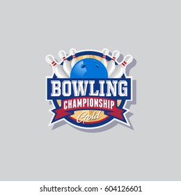 Bowling championship emblem. Bowling logo. Skittles and ball in a circle with ribbons.