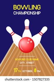 Bowling championship invitation flyer template with sample text. Vector printable A4 scaled poster with bawling alley, white pins and red ball on the blue background