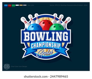 Bowling Championship logo. Bowling emblem. Bowling balls and skittles in the circle with ribbon. 