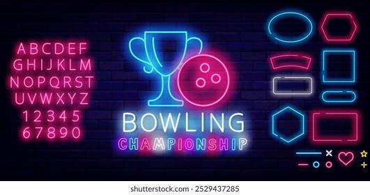 Boliches campeonato de neon com bola e taça vencedora. Conjunto de quadros geométricos. Esporte de lazer. Ilustração de estoque vetorial