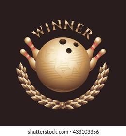 Bowling championship vector trophy, prize, award, emblem, symbol. Logo, stamp, badge for bowling tournament, competition or club