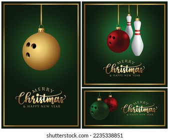 Bowling Christmas Balls and pins- Merry christmas Greeting Card - banner - vector design illustration - Set of Green Background