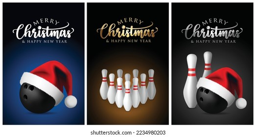 Bolas de Navidad Bowling con Sombrero de Santa y pin - Tarjeta de felicitación de navidad de cerezo - ilustración de diseño vectorial - Juego de oro azul de fondo negro